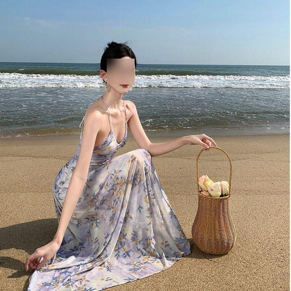 Seaside Vacation Wind Neck Collar Floral Beach Skirt Summer Women's Sweet Waist Dress