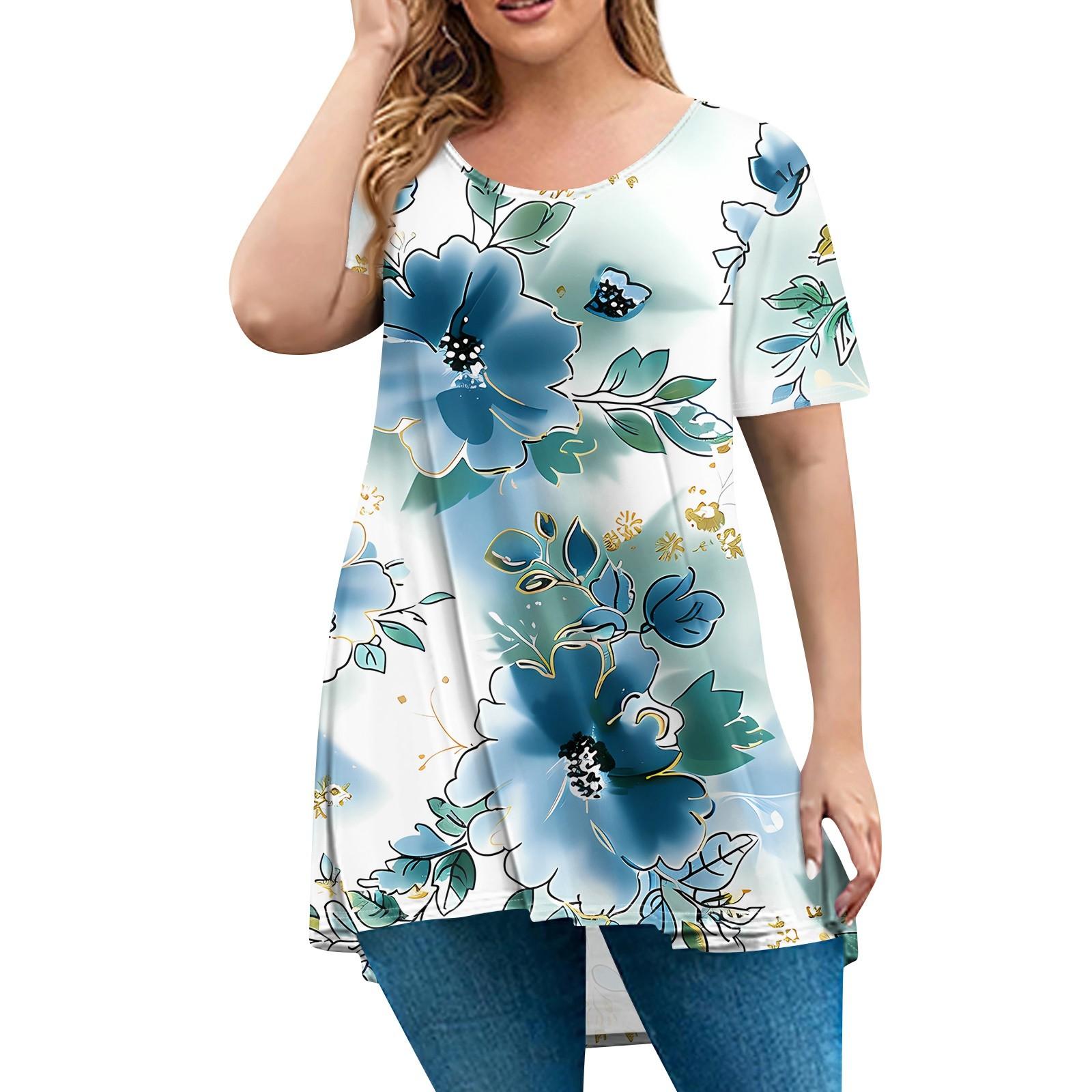 

Жіночий модний вільний пуловер великого розміру з круглим вирізом і короткими рукавами XXL синій