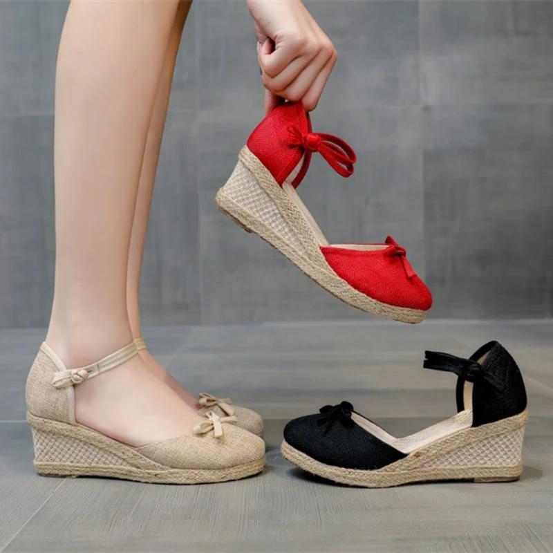 Wedges Sandals Women 2024 Summer Shoes Ladies Casual Comfort Hemp Heeled Sandals Elegant Pumps Sandálias Feminina