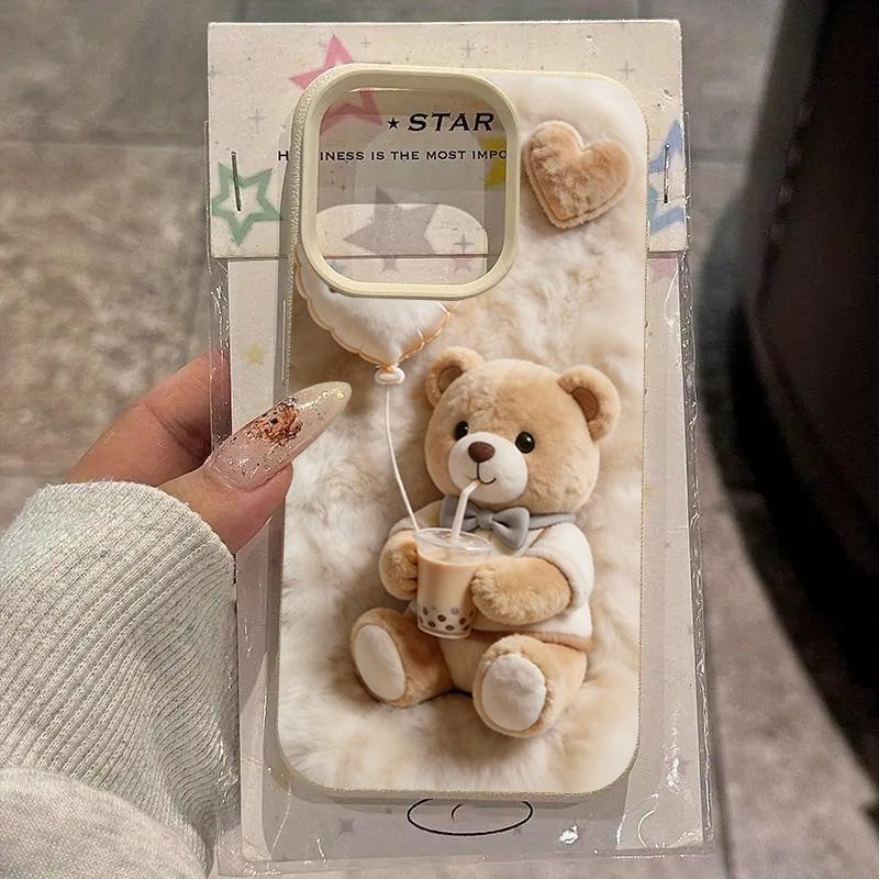 Pearl Milk Tea Bear Pattern Phone Case For iPhone 17 Pro Max 16 15 14 13 12 11 Pro 14 15 Plus 17 Air Silicone Soft Cover