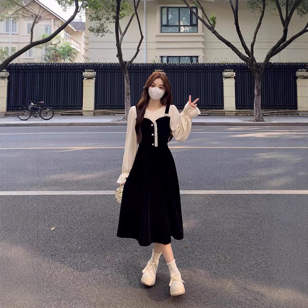 Fake Two-piece Dress Women's Early Spring New High-end Temperament Waist Small Slim and Thin Dress