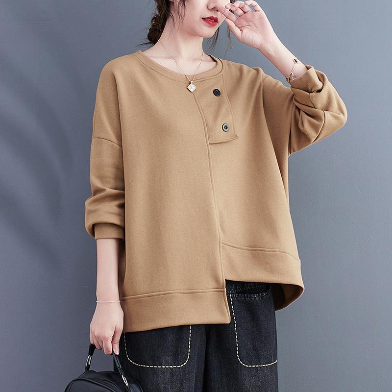 Autumn/Winter 2023 Women's Cotton Loose Fit Round Neck Pullover with Slit Hem, Plus Size Long Sleeve Casual Sweatshirt