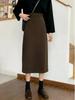 Women's 2025 Spring & Autumn High Waist Wool A-line Bodycon Skirt - Slimming Black Slit Design for Versatile Hip Coverage