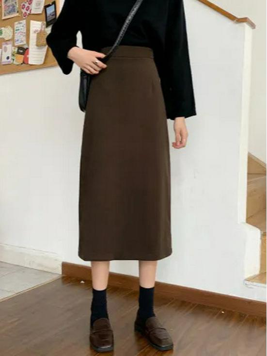 Women's 2025 Spring & Autumn High Waist Wool A-line Bodycon Skirt - Slimming Black Slit Design for Versatile Hip Coverage
