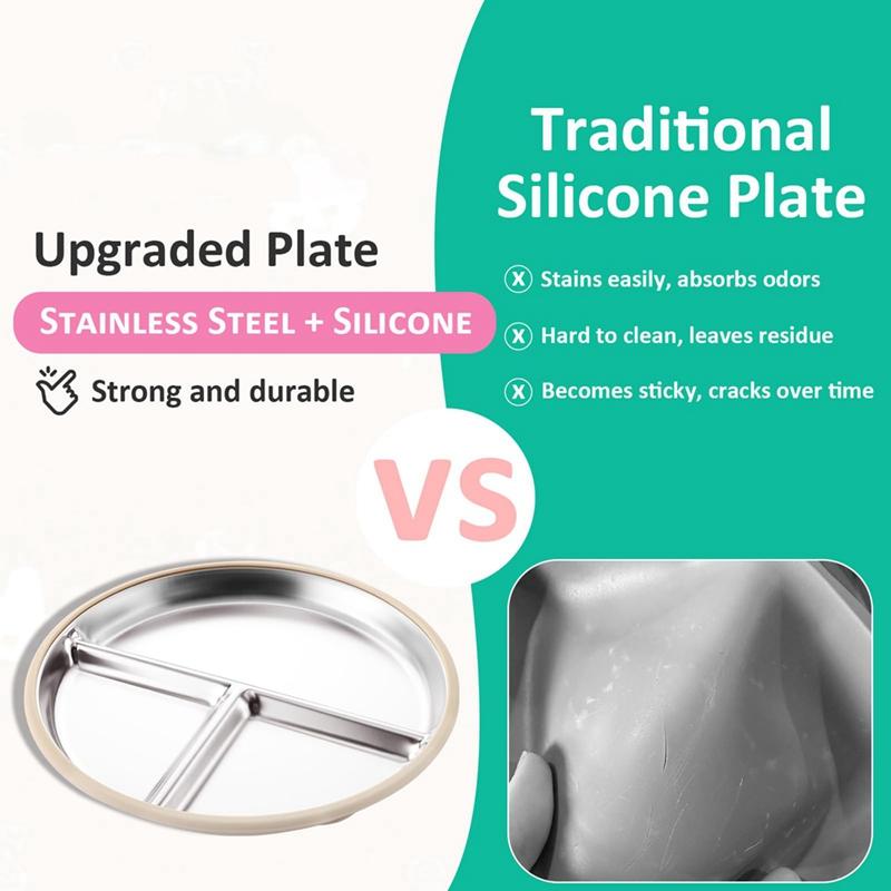 Stainless Steel Divided Plate with Silicone Suction Cup Non Slip Heat Resistant Food Plate