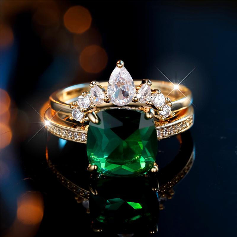 Luxury Square Green Zircon Ring Set for Women Gold Color Party Rings Engagement Wedding Jewelry