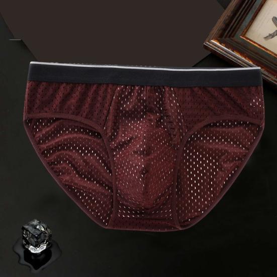 Men Panties Breathable Mesh Elastic Mid Waist Color Block No Trace Inside Wearing Large Size Ice Silk Sexy Male Underwear Briefs for Daily Life