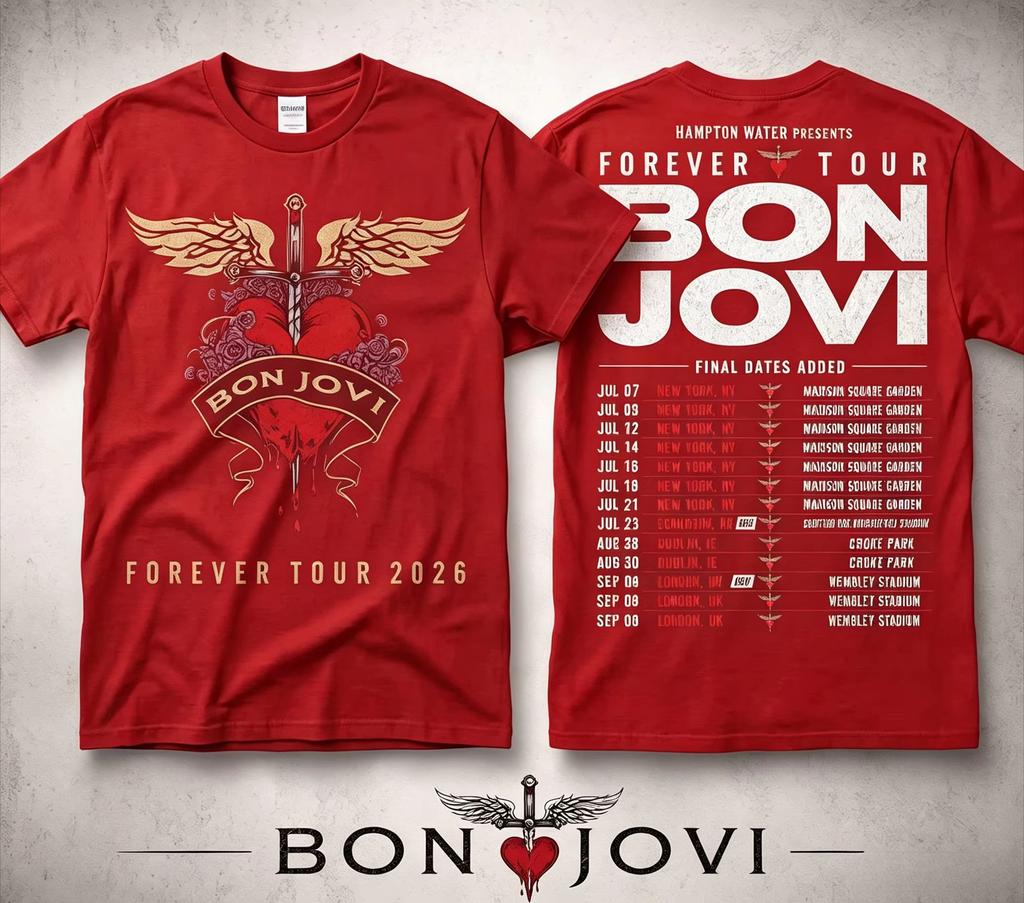 Bon Jovi Forever Tour 2026 double-sided unisex print t-shirt, short summer sleeves, heart pattern, dagger, wings, for rock ba