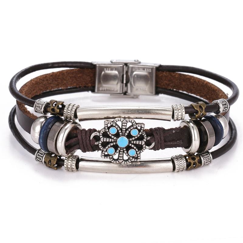 One Piece Vintage Flower Bracelet and Bangles Bohemian Style Multi-Layered Leather Bracelet Women Men Wrap Women Punk Jewelry Gift