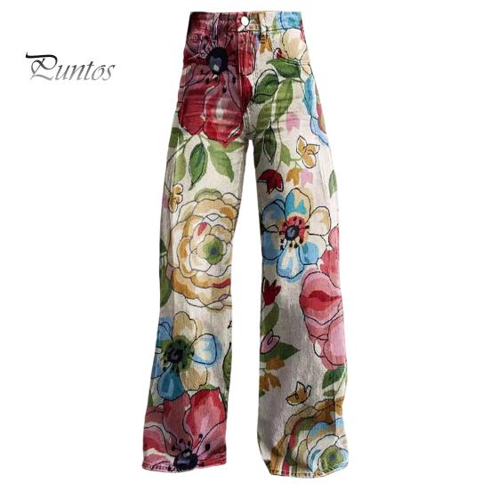 Dame Retro Casual Bukser Middels høyde Knapp Glidelåsgylf Vidt ben Lange Bukser med Lommer Digitalt Blomsterprint Fritidsbukser Streetwear
