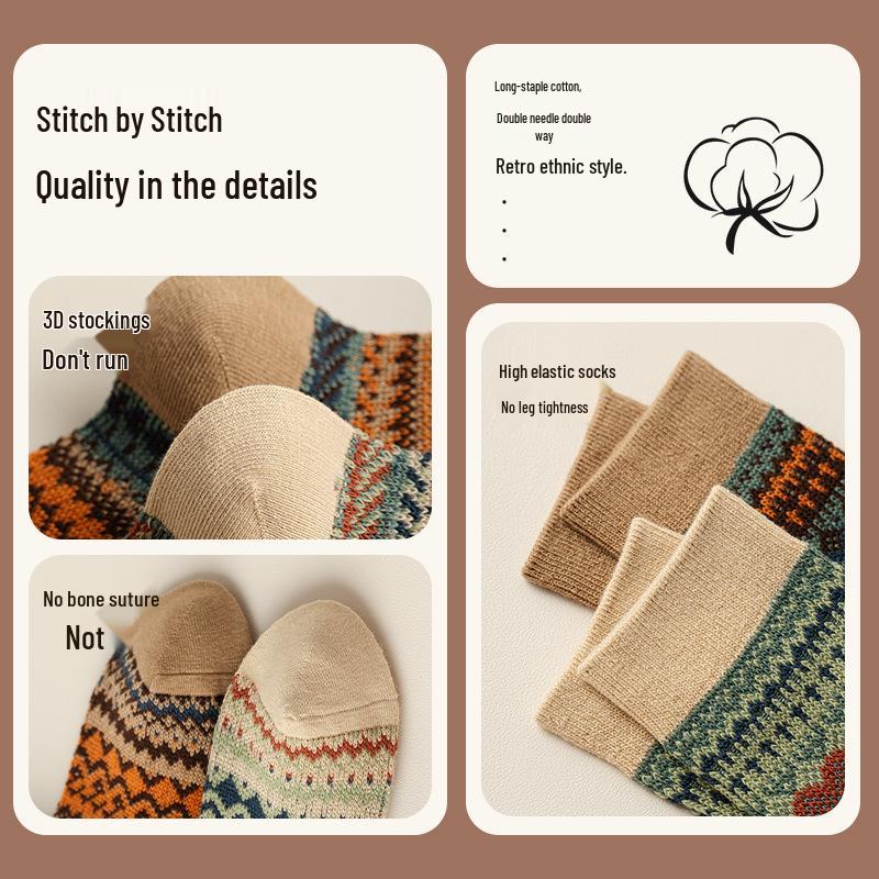 Autumn/Winter Retro Women's Y2K Mid-Calf Pile-Up Socks: Ethnic Style, Double-Needle, Odor-Resistant Cotton.