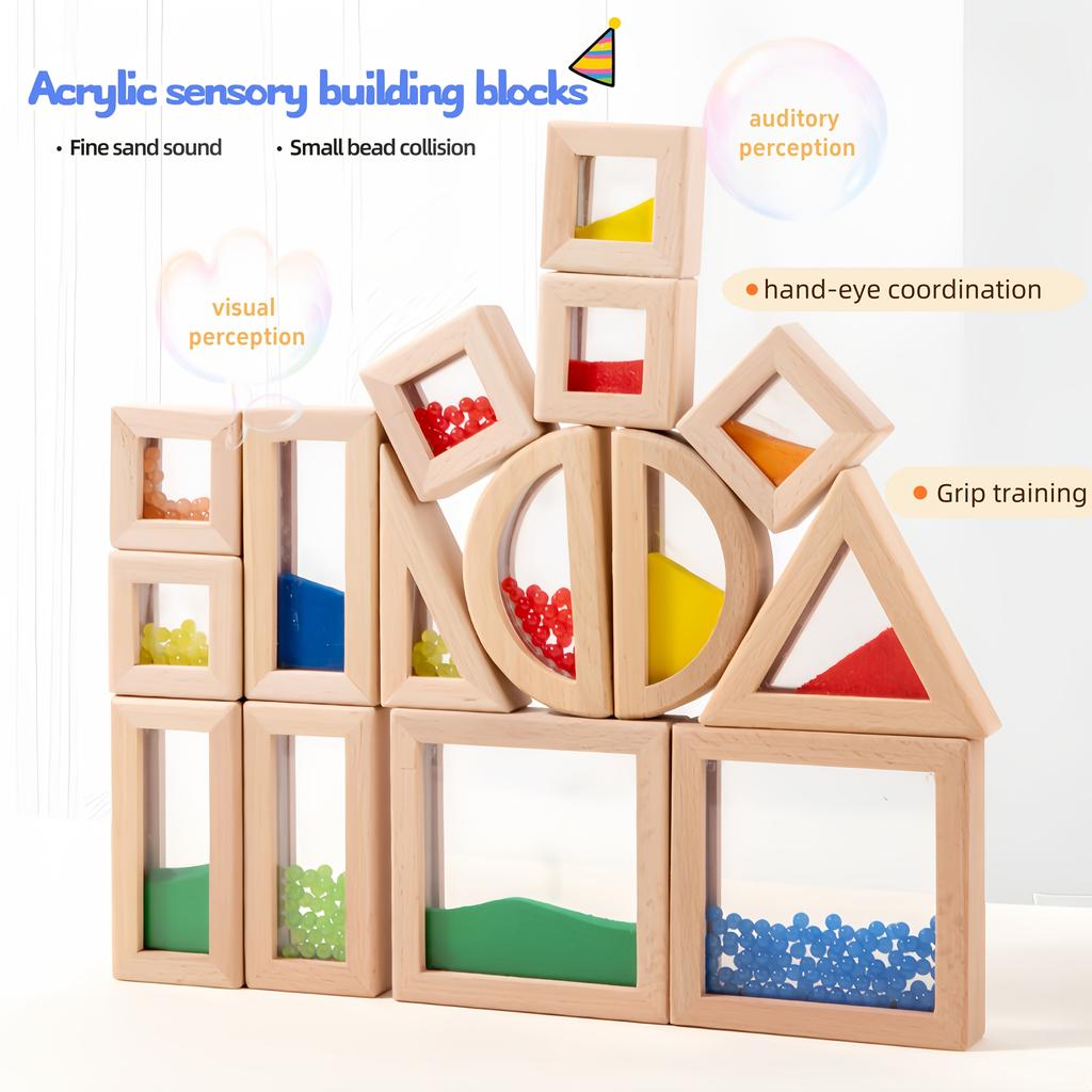 Sensory Wooden Building Blocks Set 15/23pcs Acrylic Rainbow Construction Toys, Made of Beechwood, Perfect for STEM Learning Gifts,Christmas