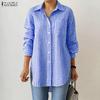 Women Casual Turn Down Collar Grid Print Loose Long Sleeve Blouse