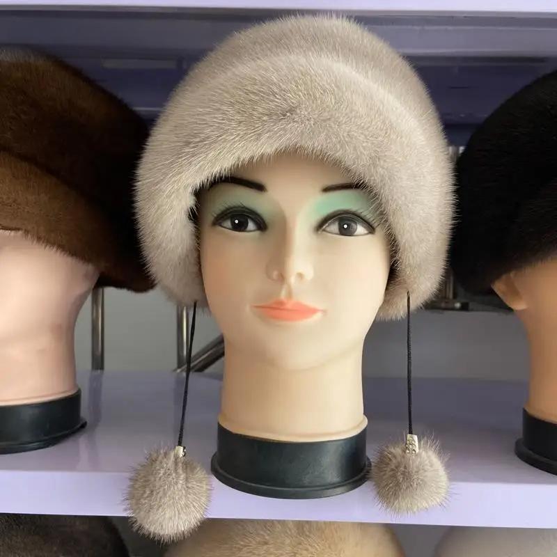 Domo Hat Natural Mink Fur Russian Hat High Quality Balls Cute Hat Fluffy Winter Furry Cap for Women Girls Ear Covered Fur Hat