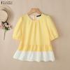 ZANZEA Women Plaid Print Casual Round Neck Half Sleeve Splice Blouse