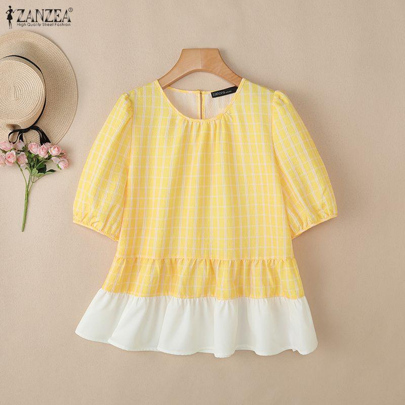 ZANZEA Women Plaid Print Casual Round Neck Half Sleeve Splice Blouse