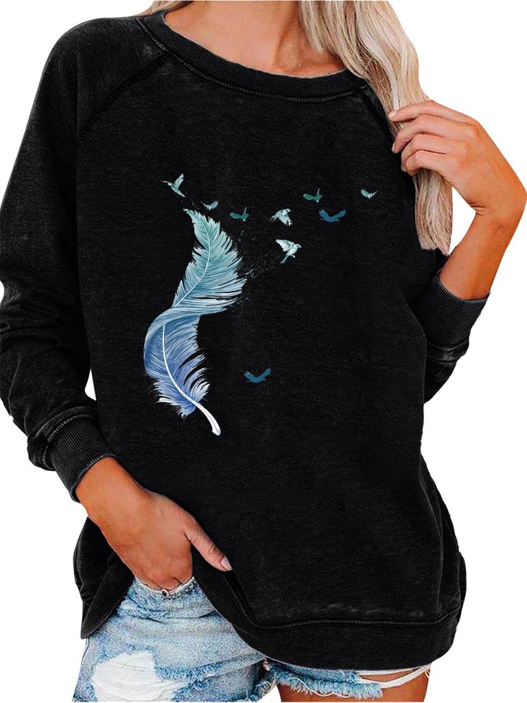 Ladies Spring/Fall Sweatshirt Women's Oversized Pullover Sweatshirt Fashion Feather Print Top