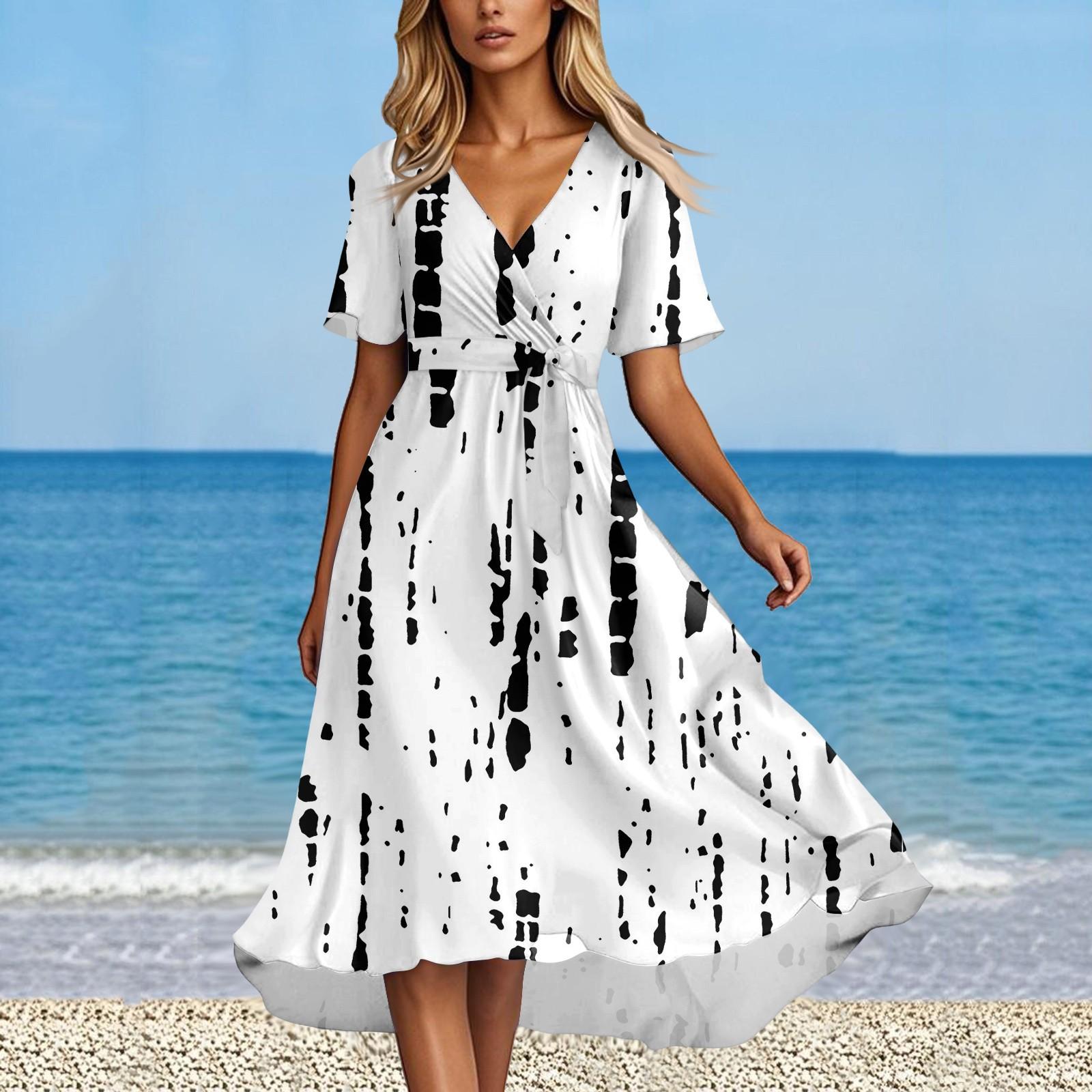 

Женское летнее модное расклешенное платье с V-образным вырезом, короткие рукава, полосатые геометрические платья XXL