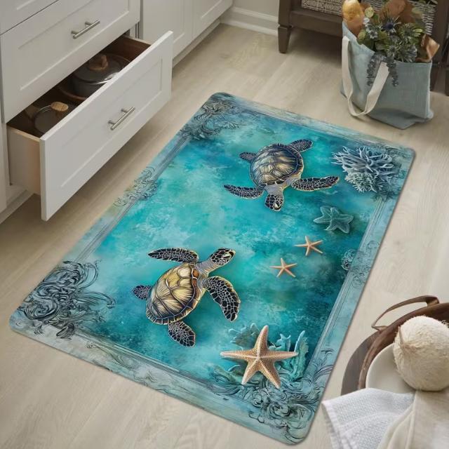 

Retro Ocean Themed Sea Turtles Starfish Coral Anti Slip and Soft Marine Creatures Ntrance Rooms, Beach Villas Home Decoration 40x60cm