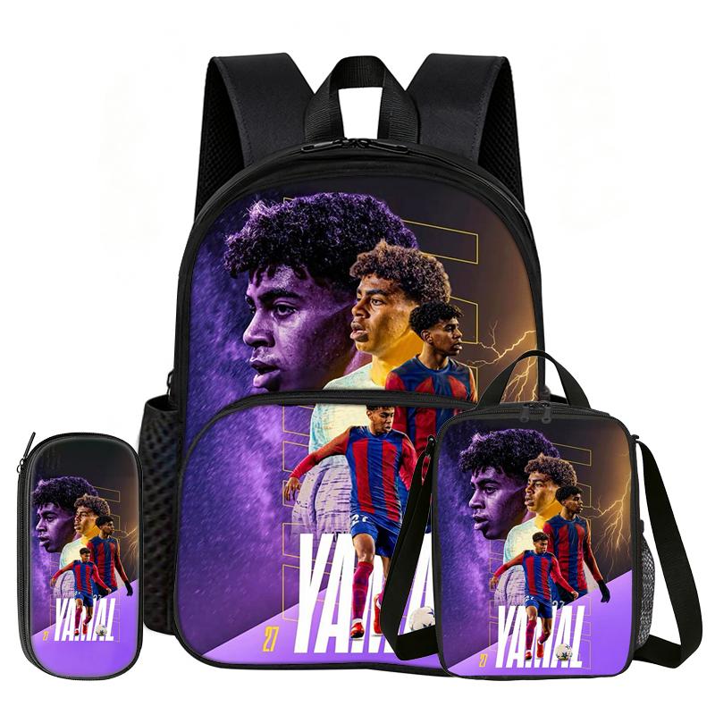 Learn, Travel Football Star School Bag L-Lamin Yamal 3 Pcs Set with Front Pocket Backpack Lunch Bag, Pencil Case, Sport Rucksack