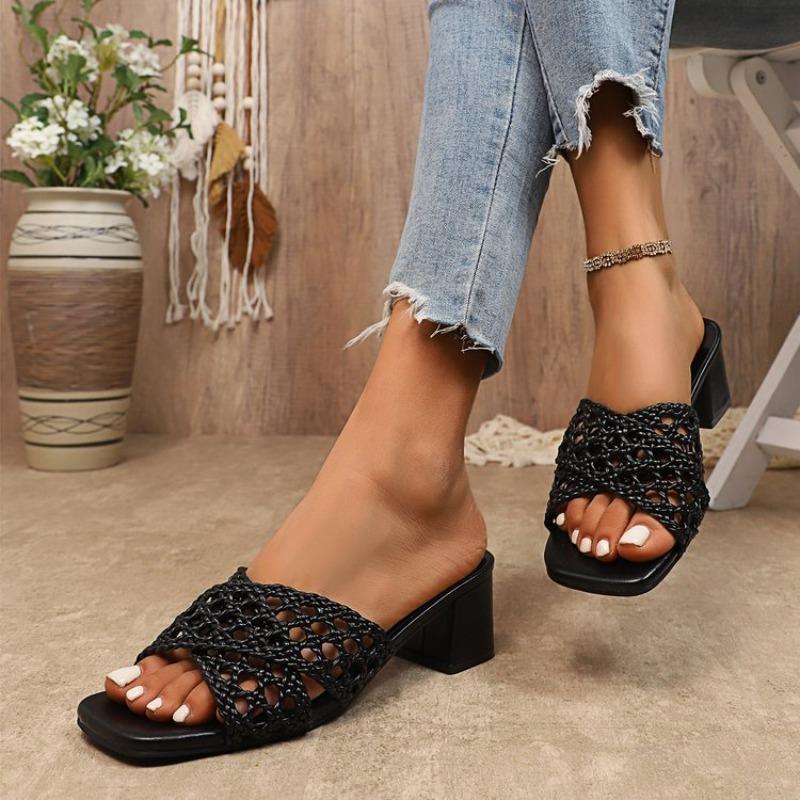 Fashion 2025 Summer Plus Size High Chunky Heels Modern Sandals Hollow Weave Dressy Outdoor Hot Sale Women's Classics Fashion Slippers