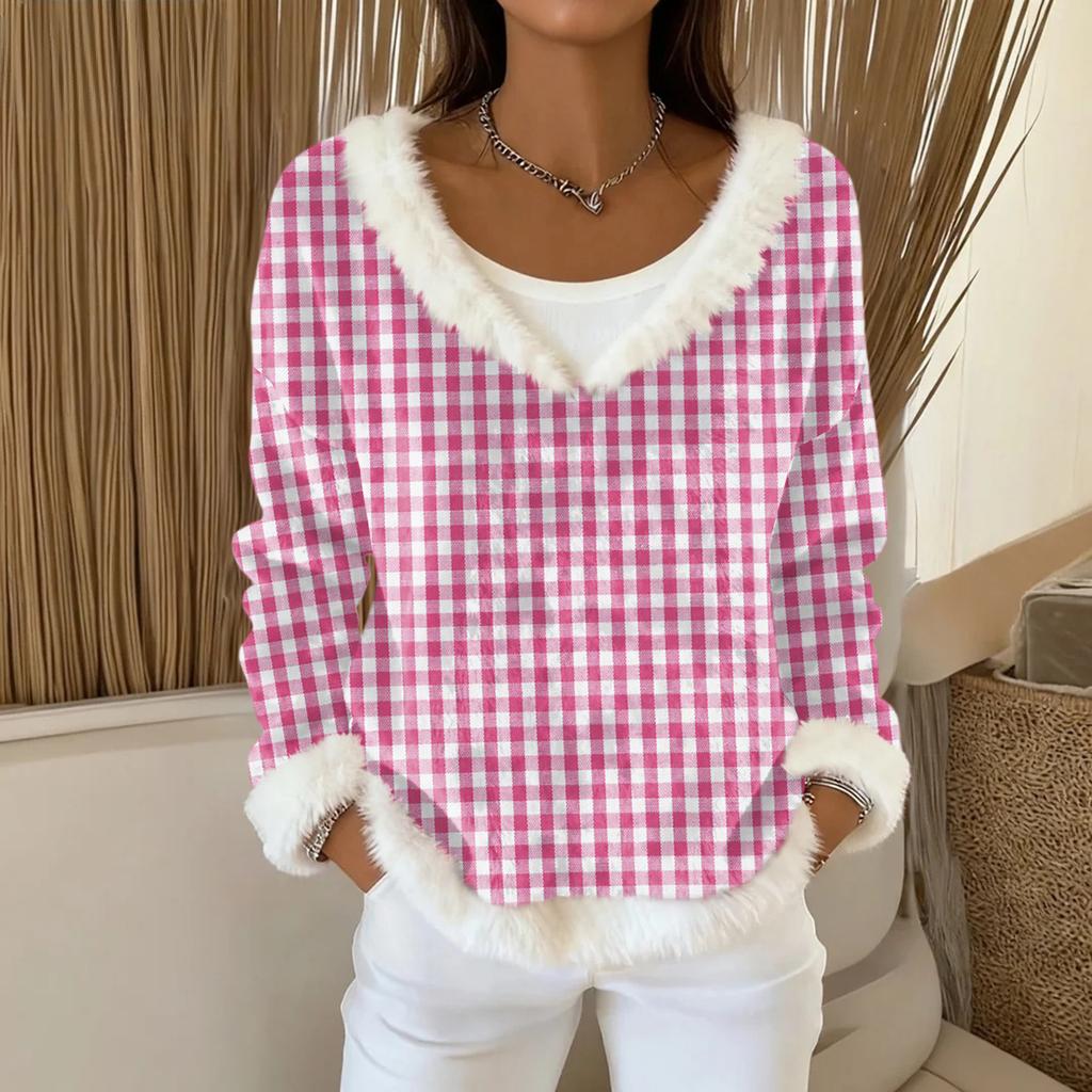 Dammode Plysch V-ringad Pullover Topp Långärmad T-shirt Tryckt Sweatshirt