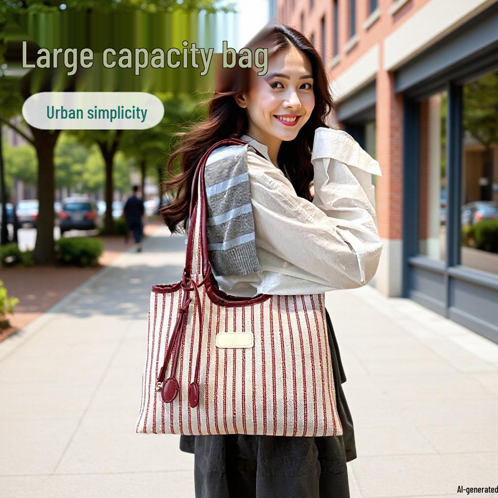 Autumn/Winter 2026 Literary Girl Striped Tote Bag - Large Capacity, Trendy Commuter Essential