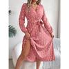 GMXIA Autumn and Winter Elegant Contrasting Polka Dot Cross V-neck Pleated Long Dress Women's Wear