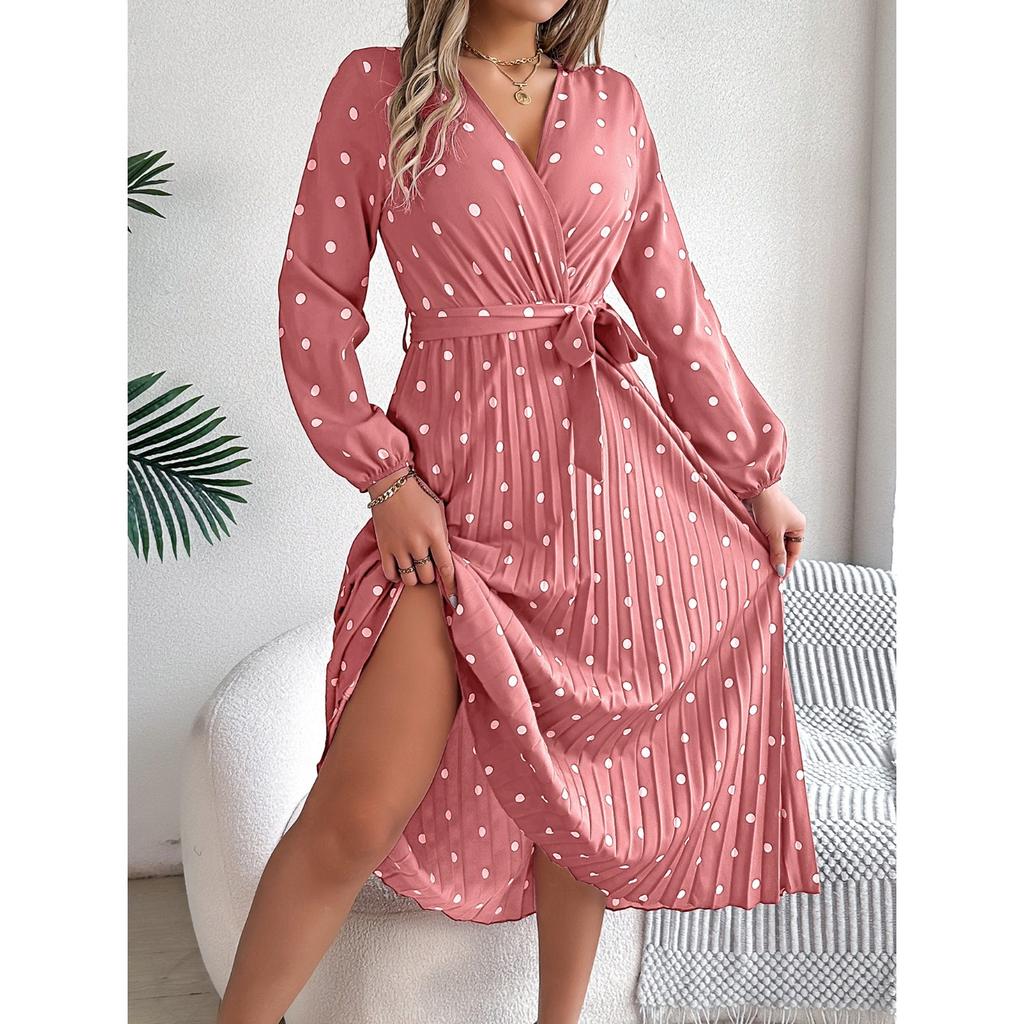 GMXIA Autumn and Winter Elegant Contrasting Polka Dot Cross V-neck Pleated Long Dress Women's Wear