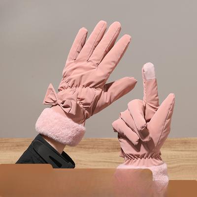 Warm Gloves In Autumn and Winter Plus Velvet Thickened Cute Bow with Fur Mouth Outdoor Riding Women Driving Touch Screen Gloves