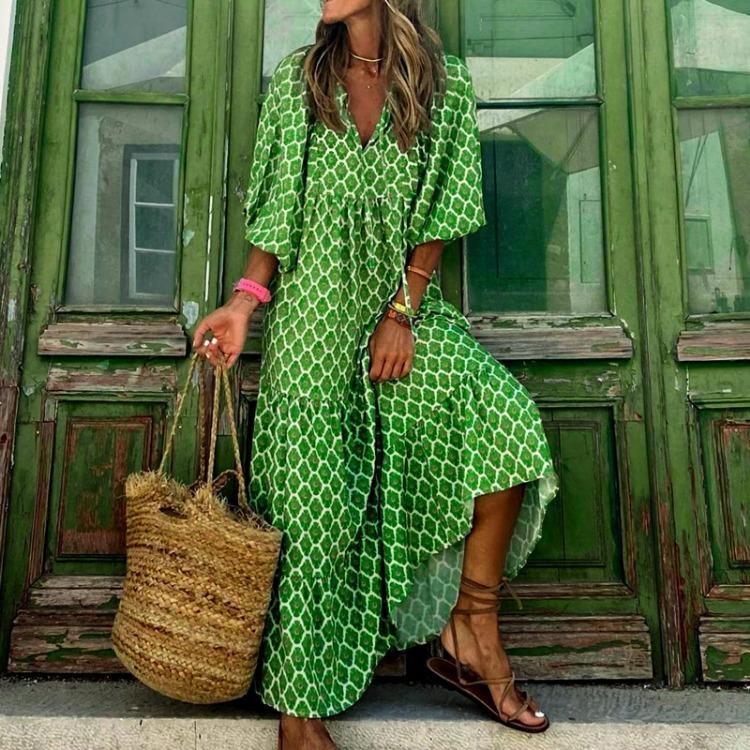 Summer Beach Dress Floral Print Bohemian Long Dress Loose V Neck Fashion Women