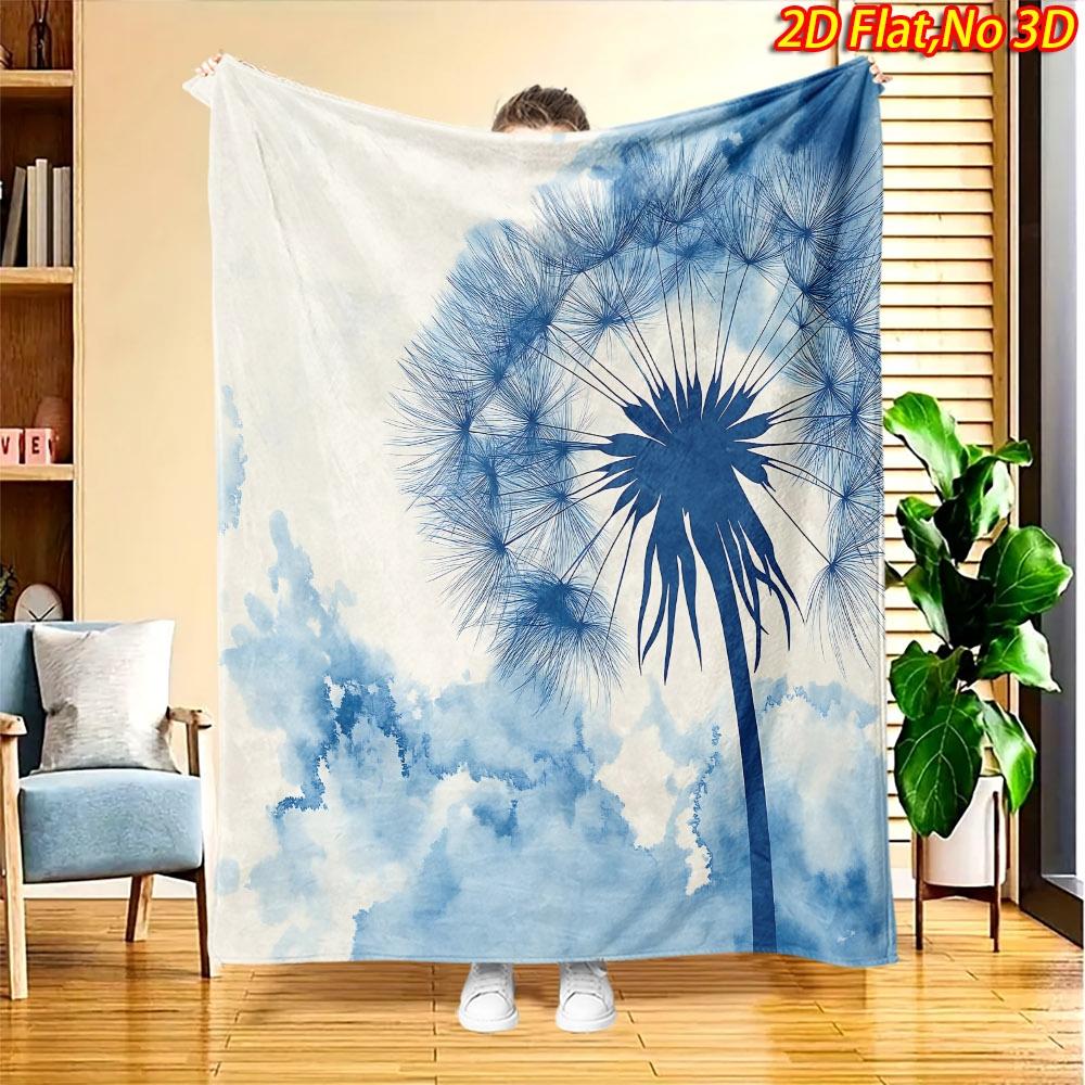 1pc 2D Flat Printing Spring And Summer New Arrival Blue Dandelion Watercolor Style Digital Print Blanket, All-Season Use, Casual Throw, 100% Polyester