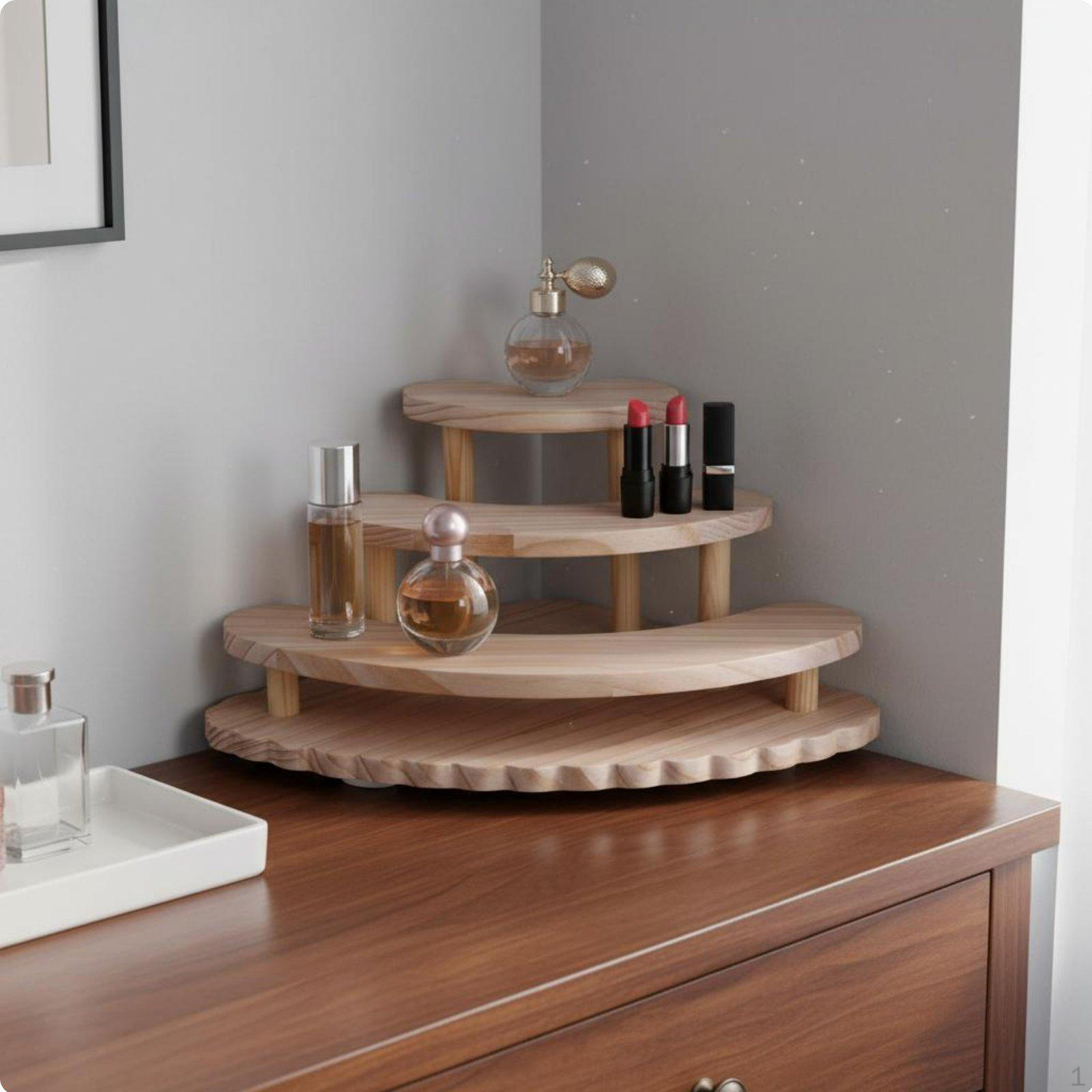 Corner Display Shelf Tiered Design 3 layer Wooden Stand SpaceSaving FanShaped Organizer Rack