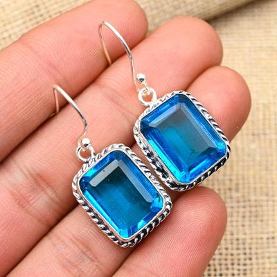 Blauer Topas-Edelstein, handgefertigte Ohrringe aus 925er Sterlingsilber für Hochzeitsgeschenk