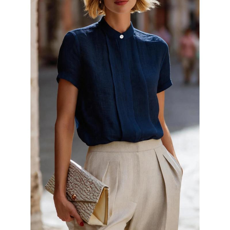 GMXIA Women's Fashion Stand-up Collar Short Sleeve Casual Blouses & Shirts