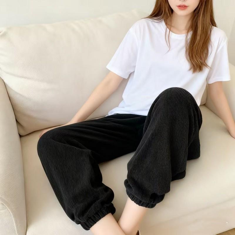Womens Wide Leg Corduroy Jogger Pants Loose Fit 9/10 Length Elastic Cuff Casual Lounge