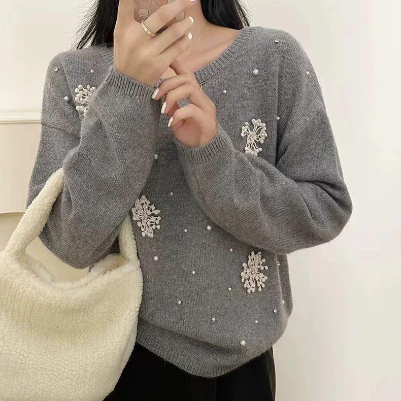 Women's Round Neck Beaded Knit Sweater - Loose Fit, Autumn/Winter Outerwear