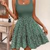 Solid Color Floral Print Skirt Square Neck Sleeveless Pleated Skirt Summer Dress Casual Wea
