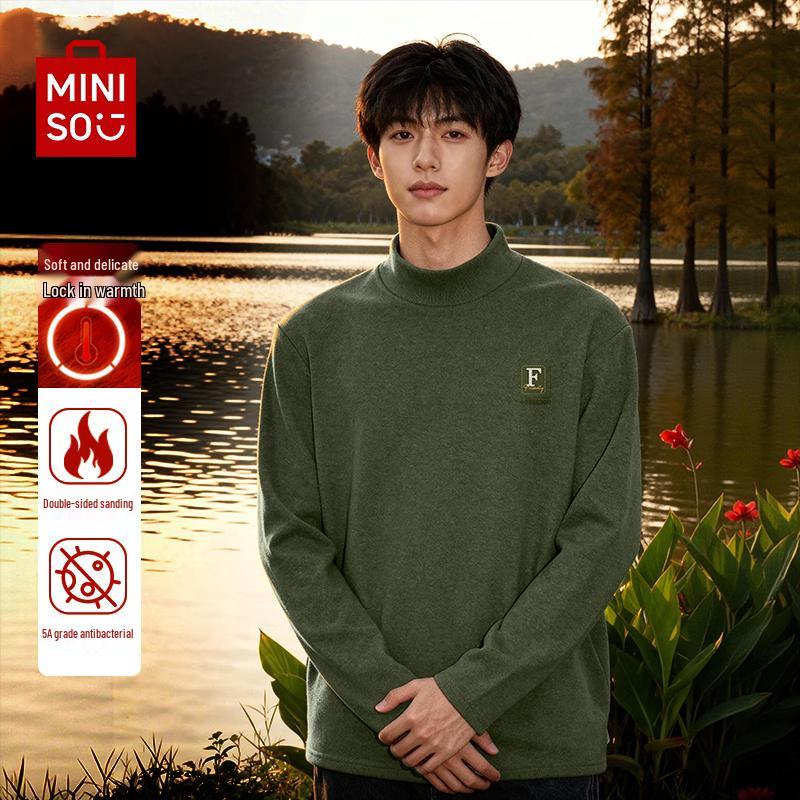 MINISO Men's Fleece Lined Mock Neck Long Sleeve T-Shirt