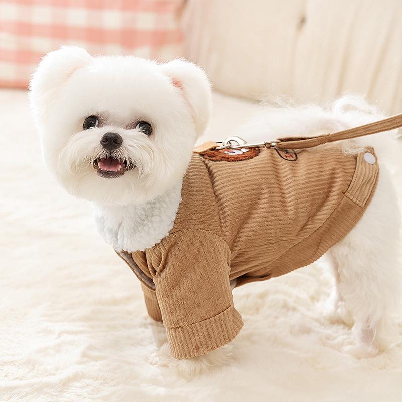 Dog Clothes Corduroy Thickened Warm Two-legged Cotton-padded Clothes Small Dog Teddy Bigbear Can Lead Pet Dog Clothing