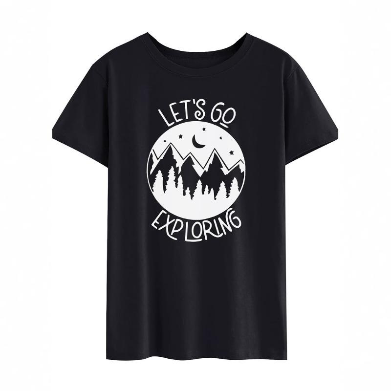 Summer Round Neck Pure Cotton Short Sleeved T-shirt for Women's Fashion Let's Go Letter Printed Top T-Shirts Women’s