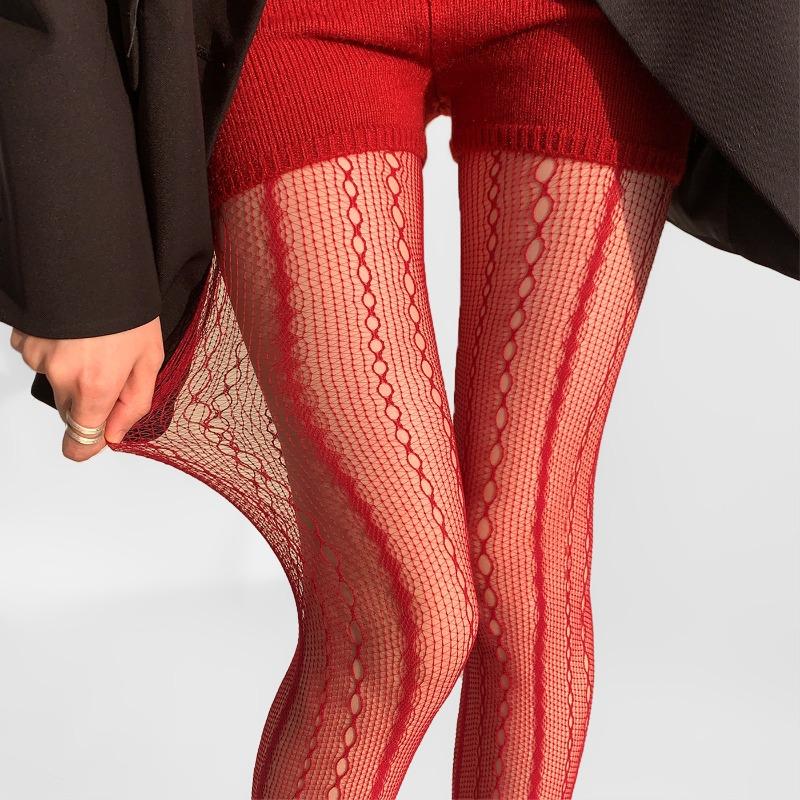 

Women s Chain Hollowed-out Tights Sexy See Through Jacquard American Retro Style Mesh Breathable Lace Fishnet Pantyhose One Size красный