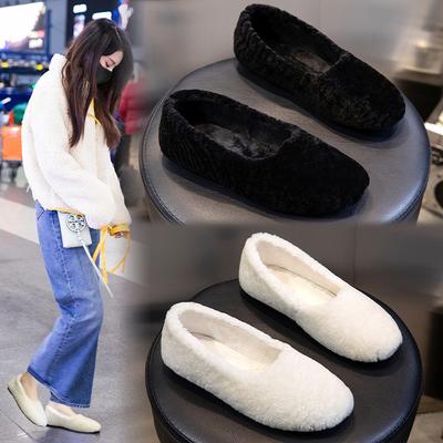 Real Wool Women's Shoes Autumn and Winter Pedal Mao Mao Shoes Warm Low-top Flat Single Shoes Women's White Shoes
