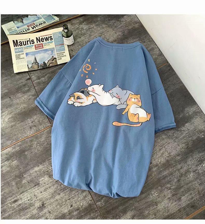 Cat Print Cartoon Trendy Brand Cute Short-Sleeved Hong Kong Style T-Shirt Boys Summer Trend Loose And Versatile Couple Clothes