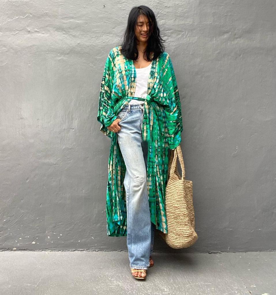 Evropský a americký bavlněný potisk volný plážový kardigan přehoz