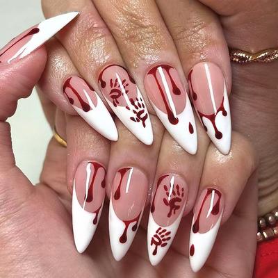 24PCS Ongles Press-on Style Gothique Halloween Nude Blanc avec Gouttes de Sang Rouge Faux Ongles Design Empreinte de Main Faux Ongles pour Femmes