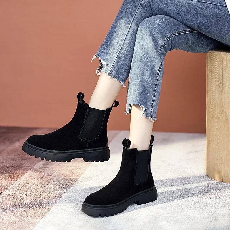 Fashion Brand New Chelsea Boots Soft Leather Ankle Booties Women Autumn Slip-On Platform Shoes Fashion Femme Plush Warm Winter