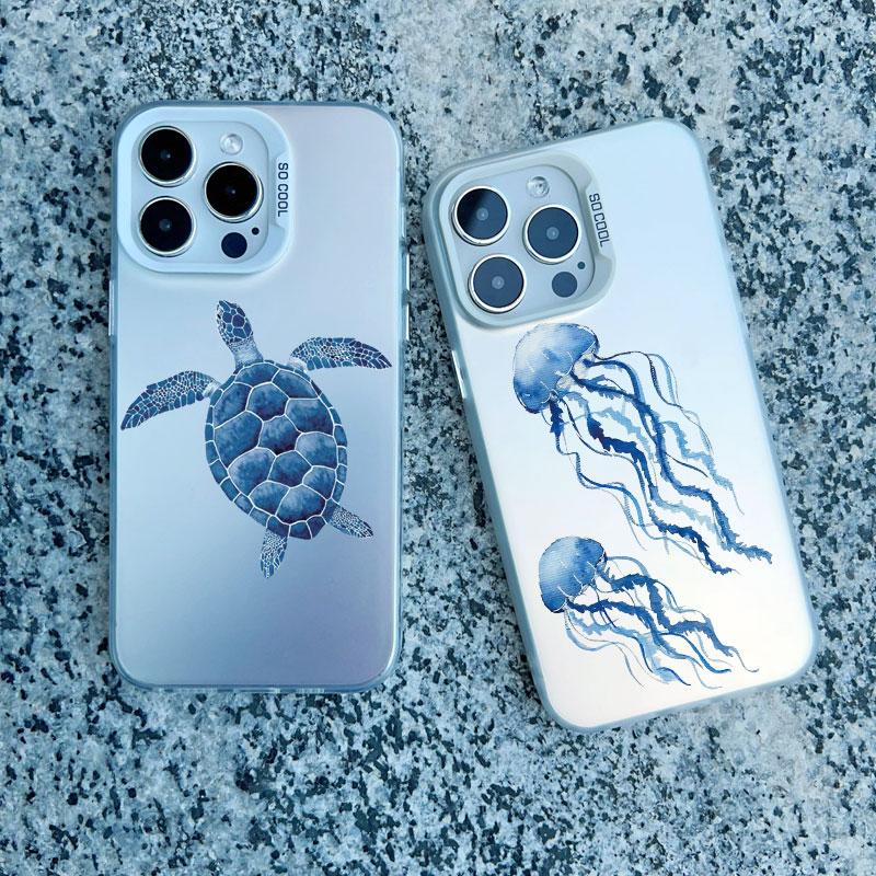 Cool Ocean Turtle Pattern Phone Case For iPhone 15 14 Pro Max 11 12 13 Pro Max Mini 15 Plus Sea Blue Turtle Design Laser Covers