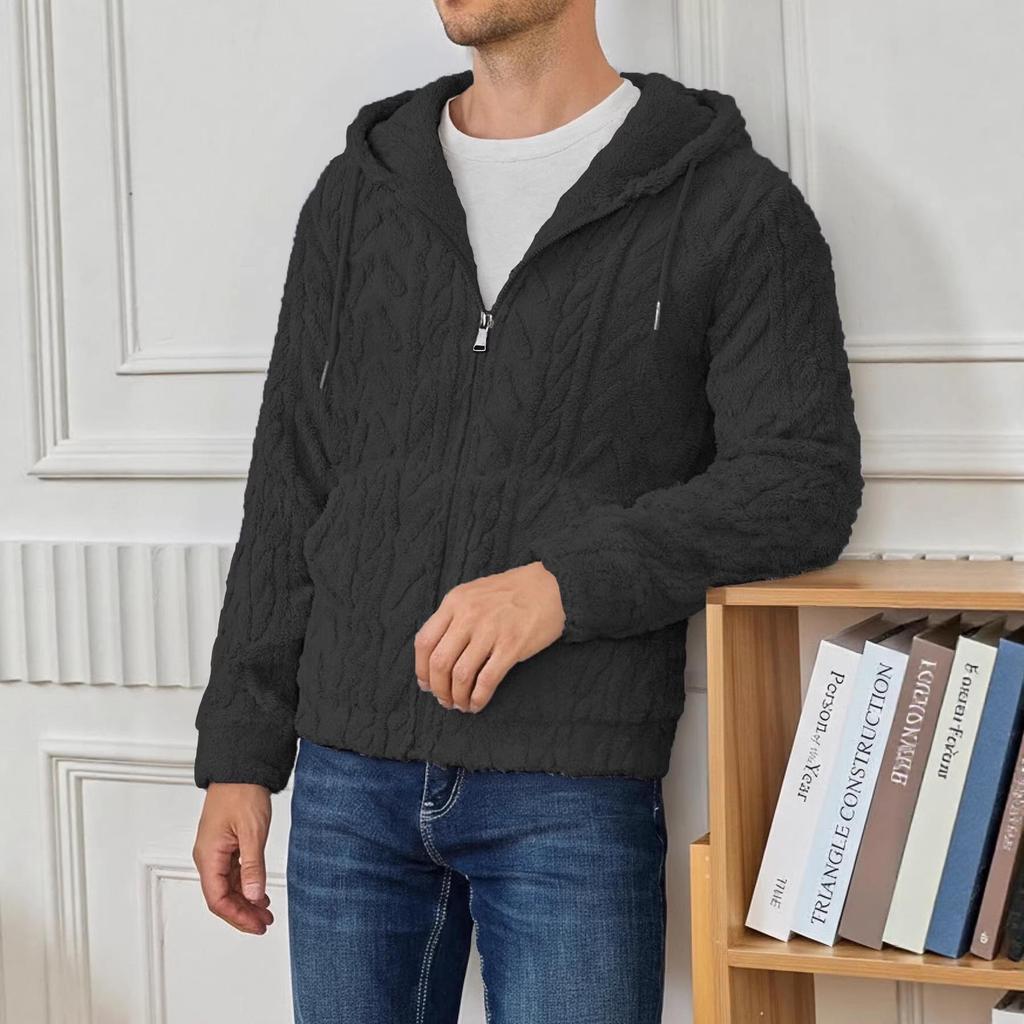 2025 Autumn/Winter European & American Men's Plush Zip-Up Hoodie - Casual Solid Color