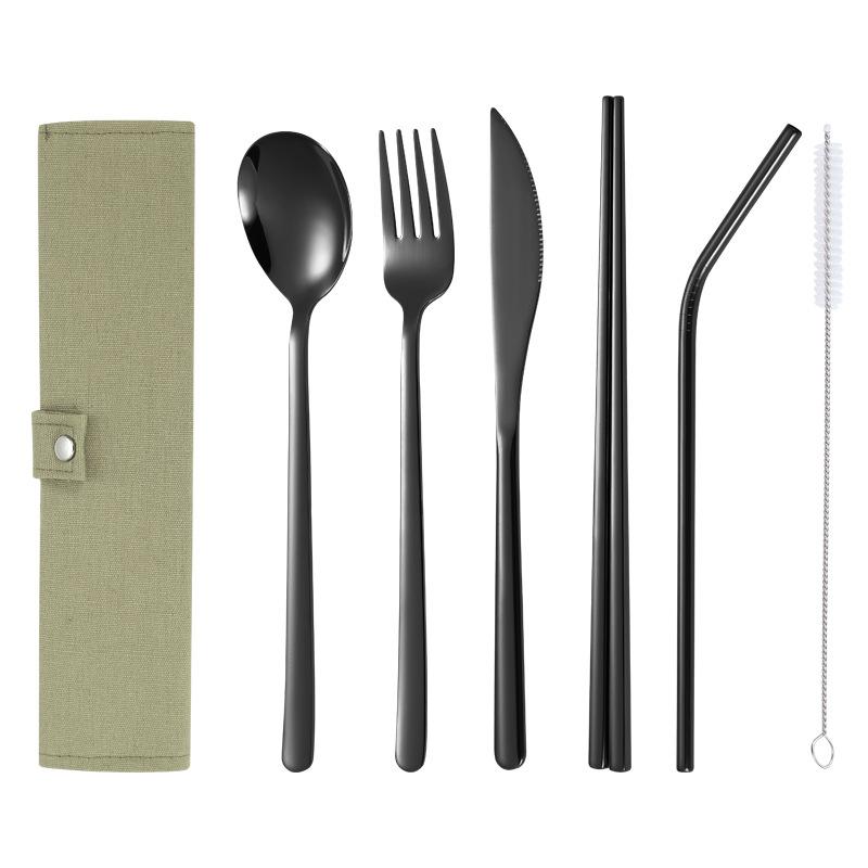 304 Stainless Steel Tableware Sets, Portable Tableware Bag, Knife, Fork, Spoon, Chopsticks, Straw, Full Sets, 6Pcs